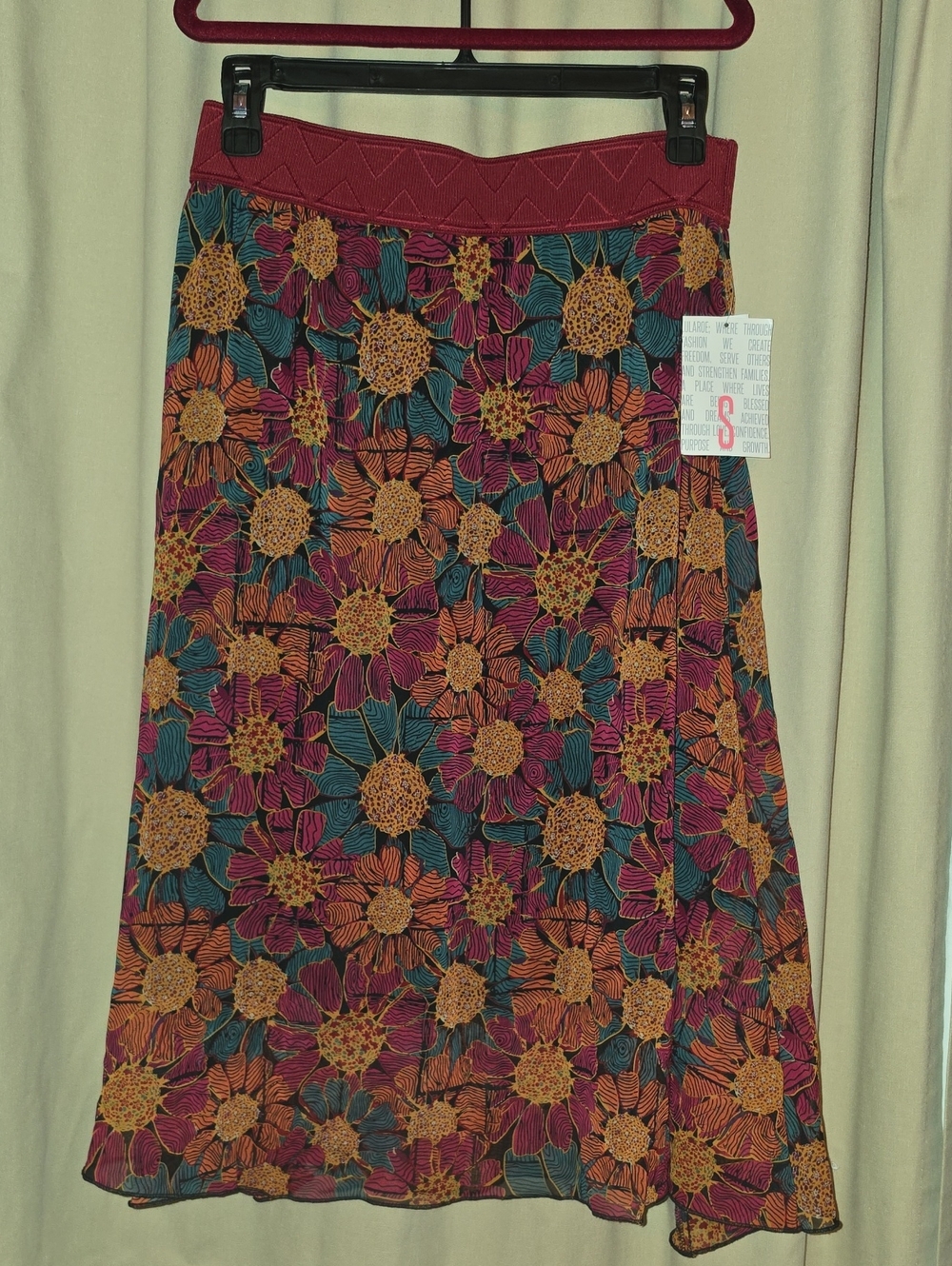 LuLaRoe Floral Sunflower Lola Midi Skirt - Magenta, Teal & Gold
